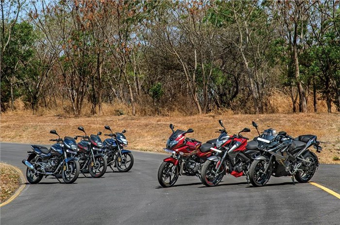 A range of Bajaj motorcycles.