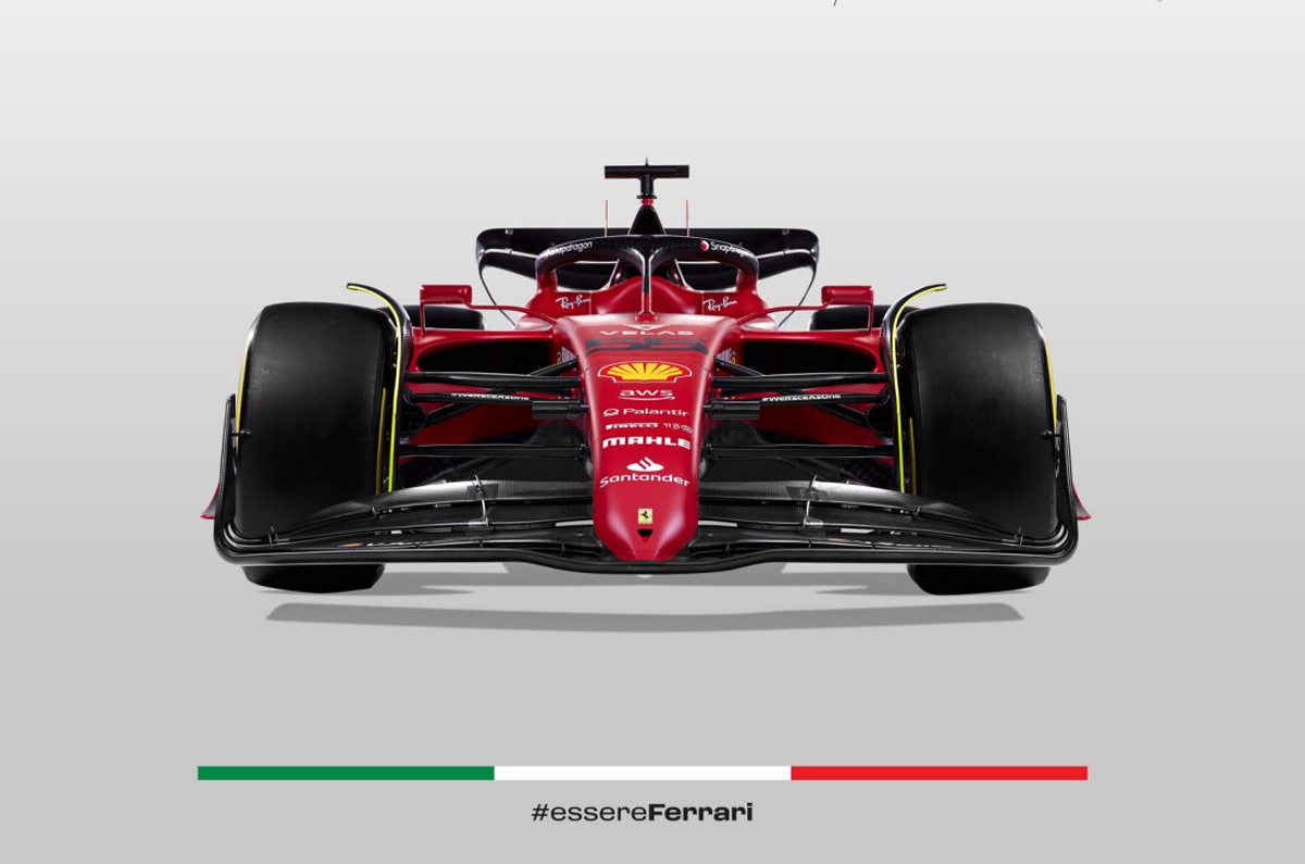 Front view of Ferrari's 2022 F1 racer, the F1-75