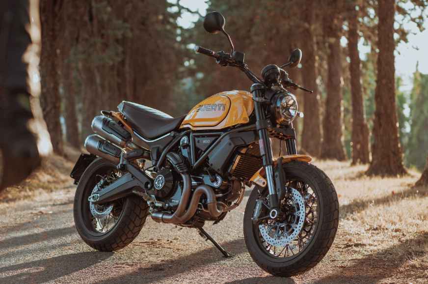 Outdoors front three-quarter of Ducati Scrambler 1100 Tribute Pro.
