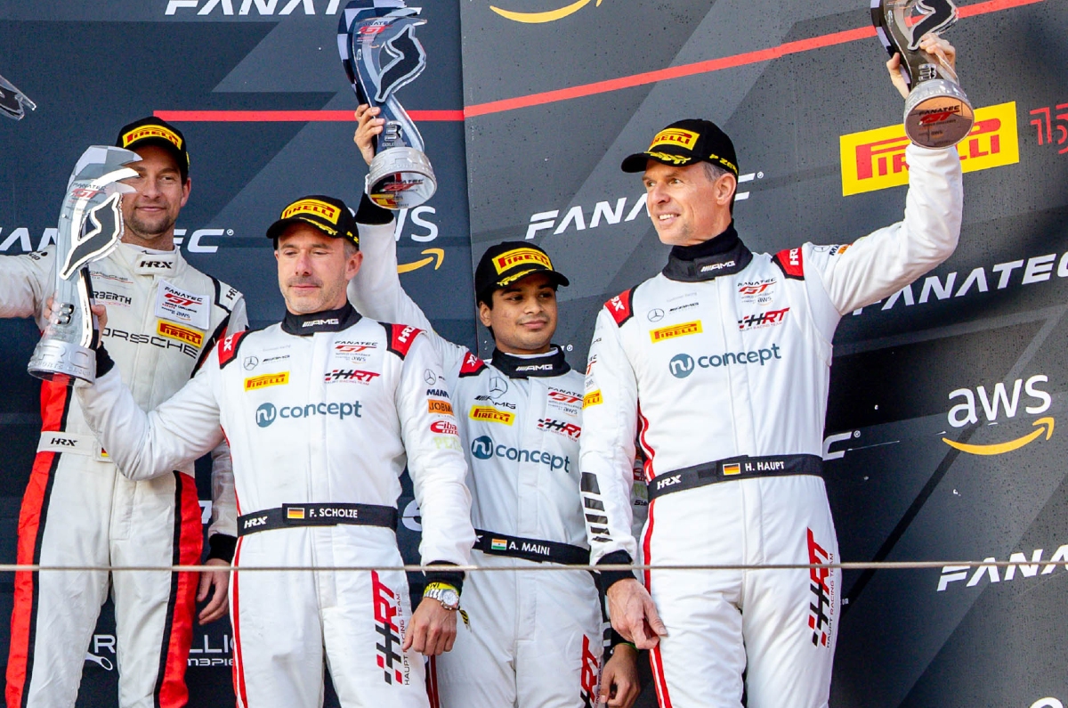 Arjun Maini, Florian Scholze and Hubert Haupt on the podium at Imola - GT World Challenge Europe