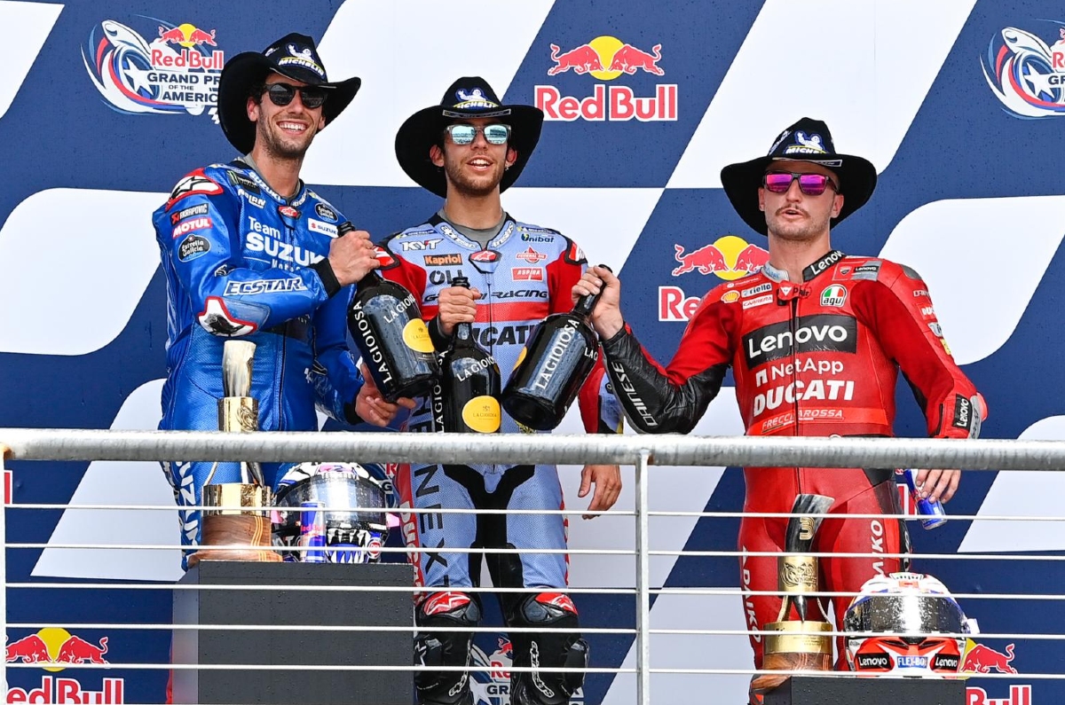 Alex Rins, Enea Bastanini and Jack Miller on Americas MotoGP podium
