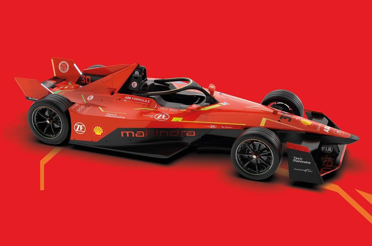 Gen3 Formula E car rendered with the Mahindra Racing livery.