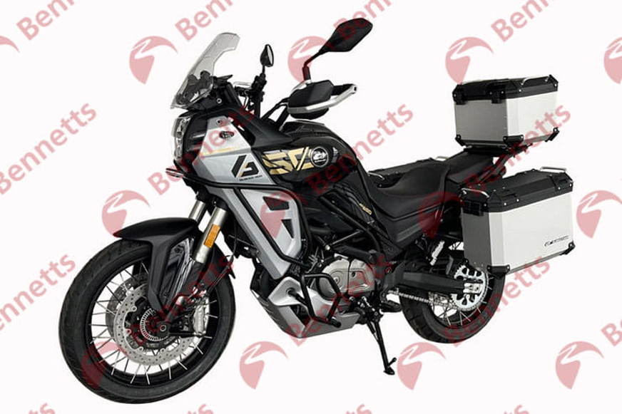 The upcoming 650cc ADV from QJMotor, seen here equipped with wire-spoke wheels and with luggage.