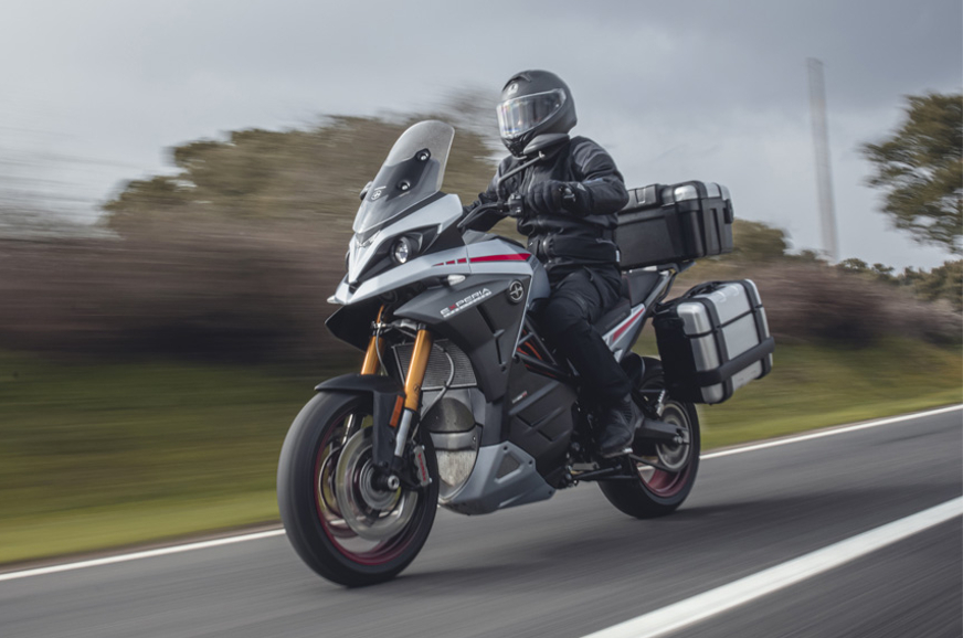 Front tracking shot of the Energica Experia electric ADV.