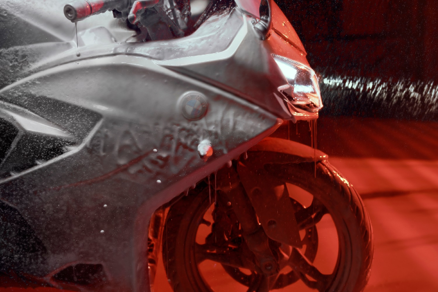 A side profile shot of the upcoming BMW G 310 RR's forward section.