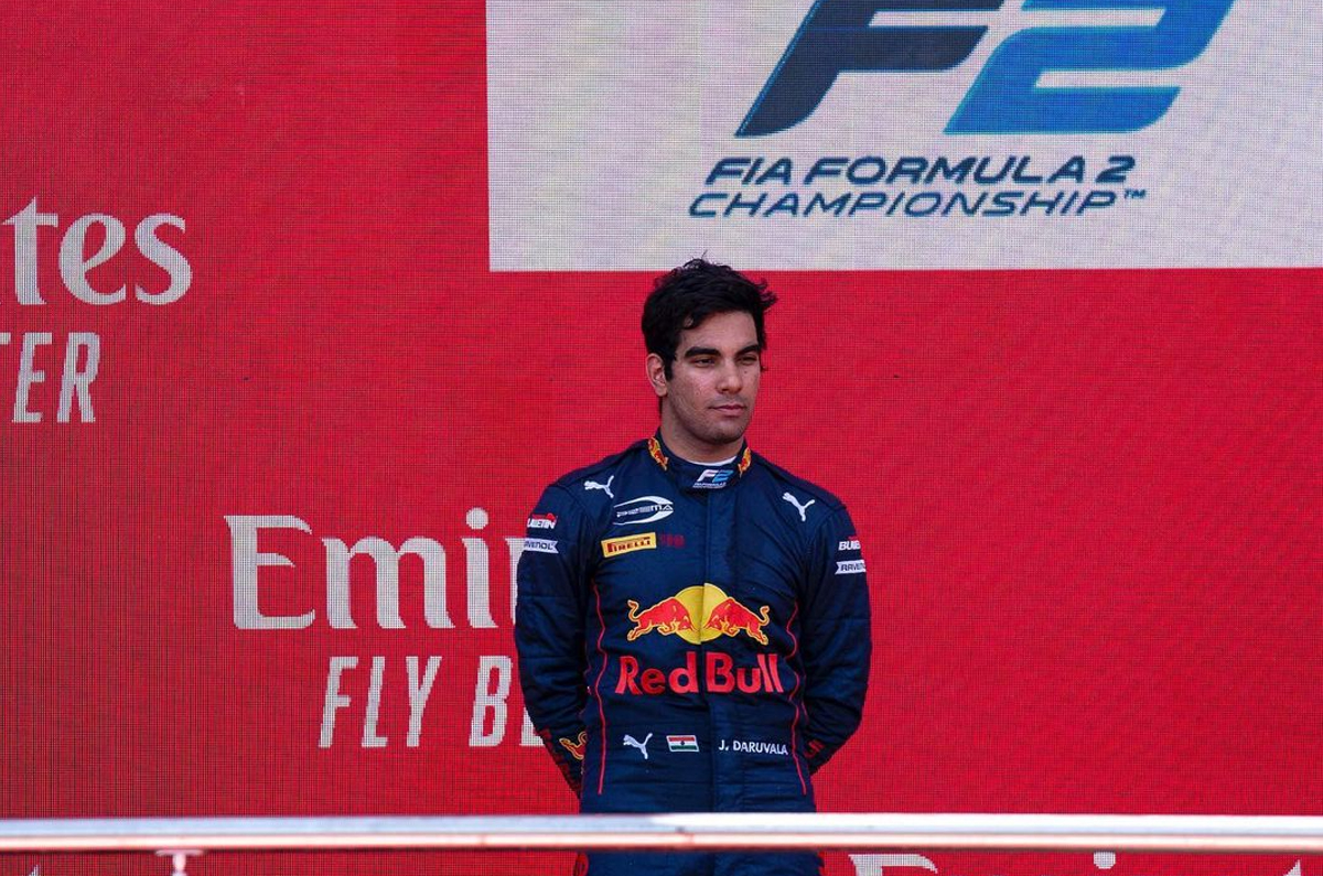 Jehan Daruvala on the podium at the 2022 F2 Azerbaijan GP sprint race.