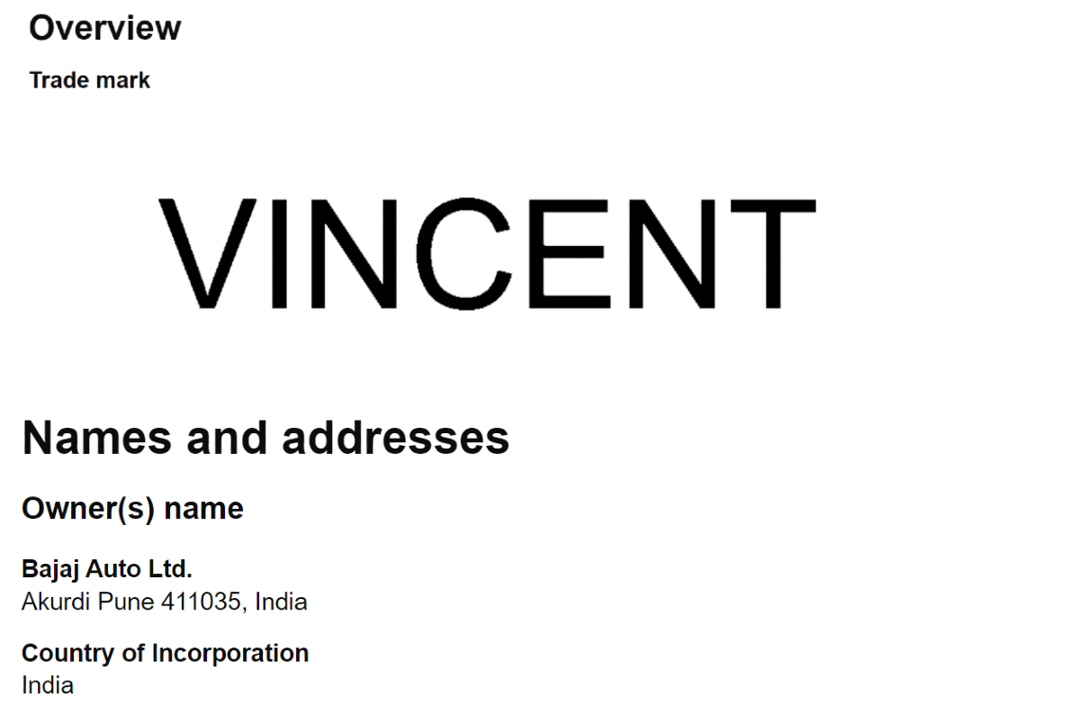 Vincent trademark owned by Bajaj.