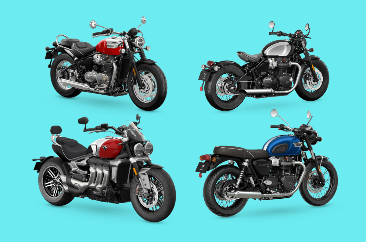 The Triumph Bobber, Bonneville T100, Rocket 3 GT and Speedmaster Chrome Editions.(clockwise from top right)