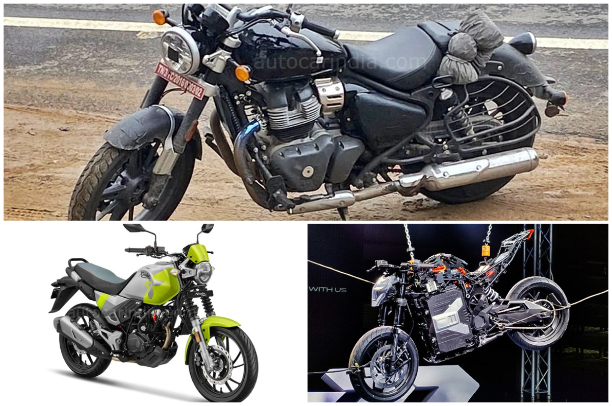A collage showing the upcoming Super Meteor 650, Xpulse 200T and Ultraviolette F77.