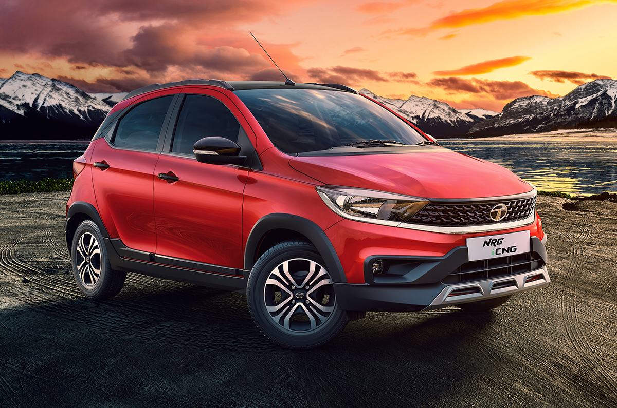 2022 Tata Tiago NRG CNG front quarter.