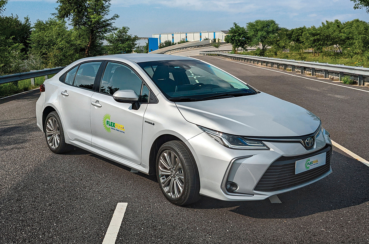 The Corolla flex-fuel hybrid can run a variable blend of petrol and ethanol, including 100 percent pure ethanol.