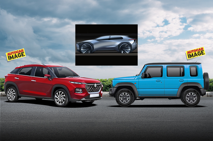 Maruti Baleno Coupe SUV (left), Jimny 5-door (right), EV SUV concept (Center). Image used for representation only. 