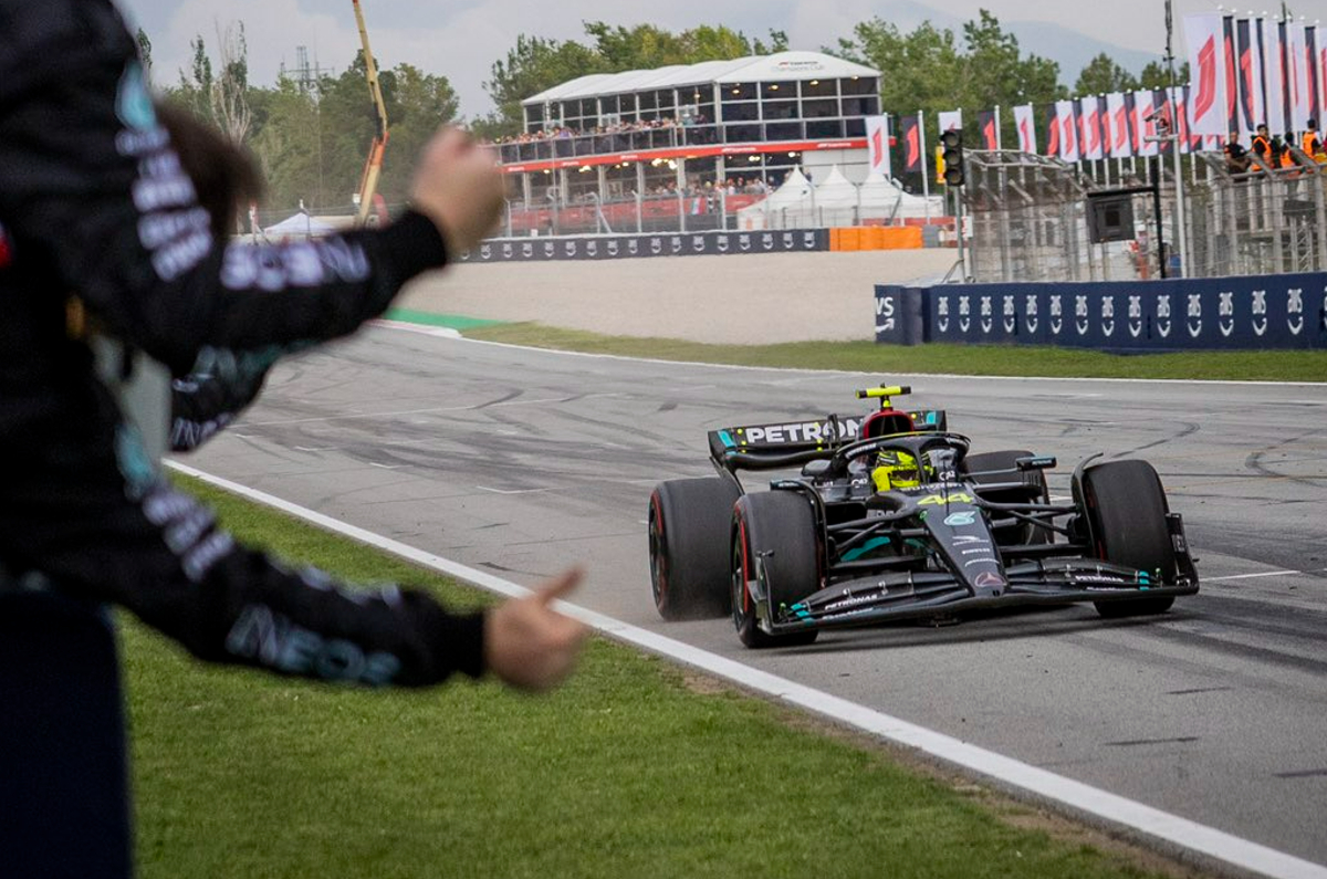 Lewis Hamilton crosses chequered flag at Spanish GP