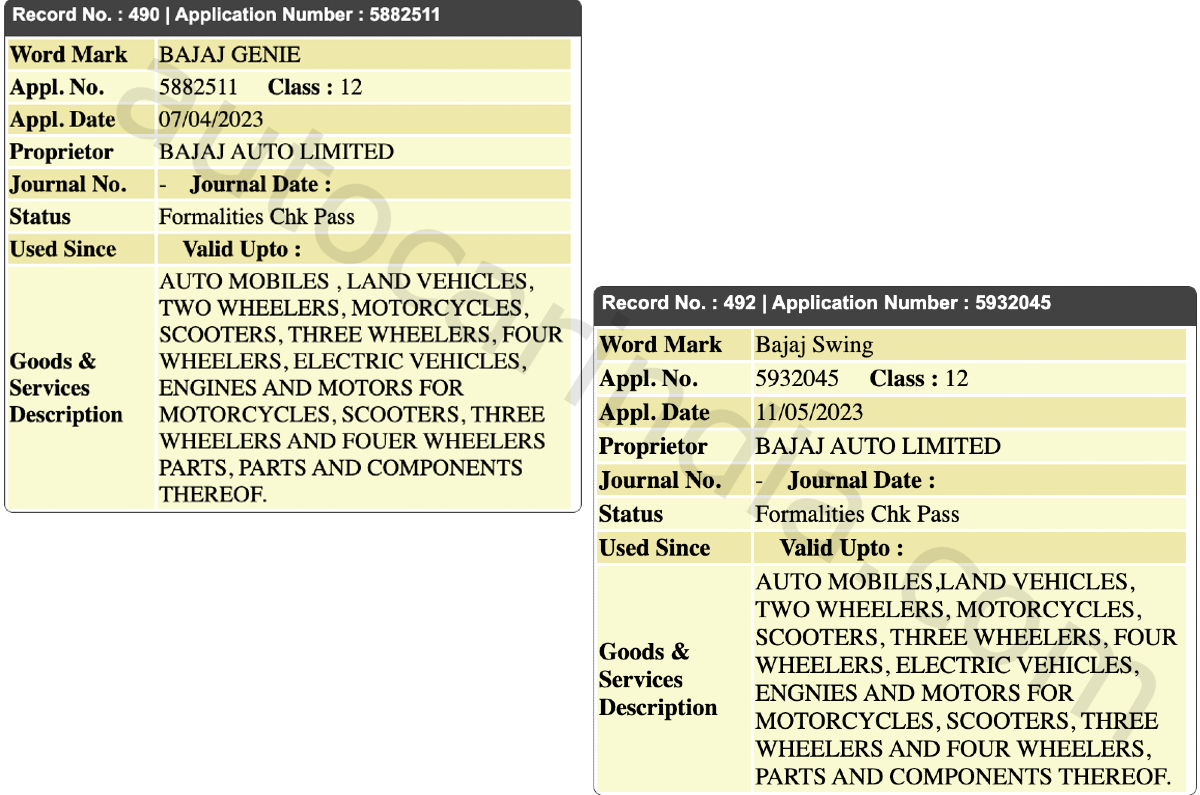 Bajaj Swing, Bajaj Genie names trademarked - Image 2