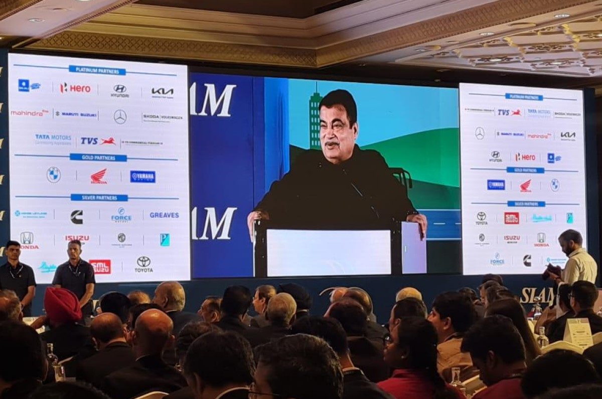 Nitin Gadkari speaking at a SIAM conference earlier this year.