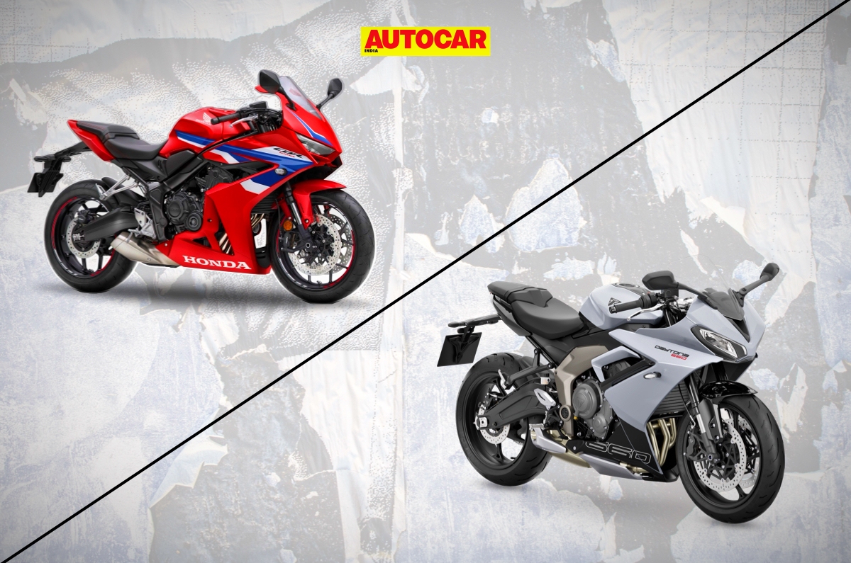 Triumph Daytona 660, Honda CBR650R front view. Triumph Daytona 660 price, engine, Honda CBR650R design, India launch.