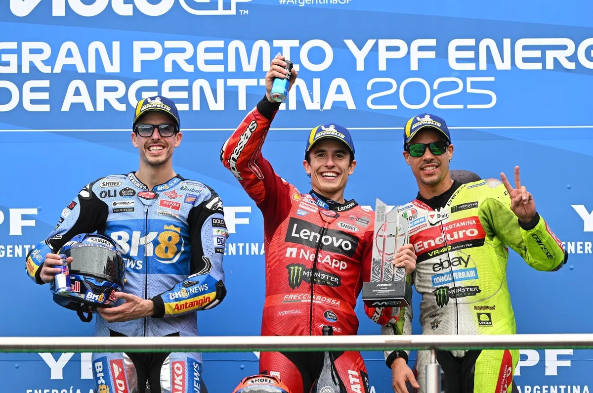 2025 MotoGP Argentina GP podium - Alex Marquez, Marc Marquez and Franco Morbidelli