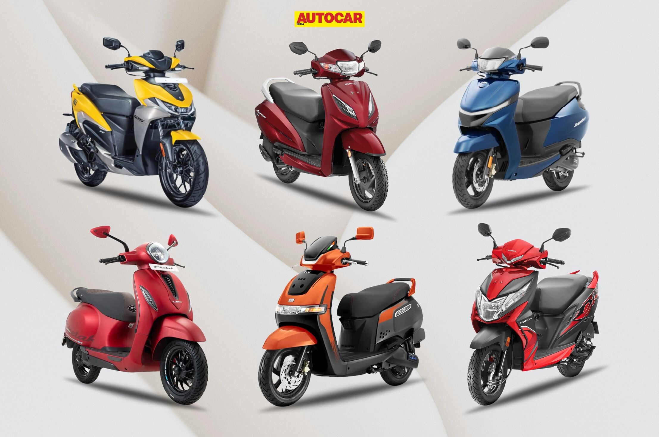 Hero Xoom 125, Honda Activa 125, TVS Jupiter, TVS iQube, Yamaha Fascino and Honda Dio composite imag India records best ever scooter sales in FY2025
