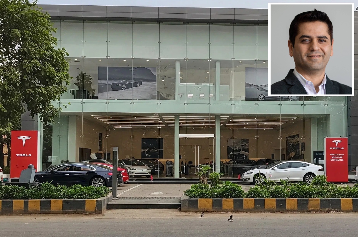 Tesla showroom and Tesla CFO Vaibhav Taneja inset 