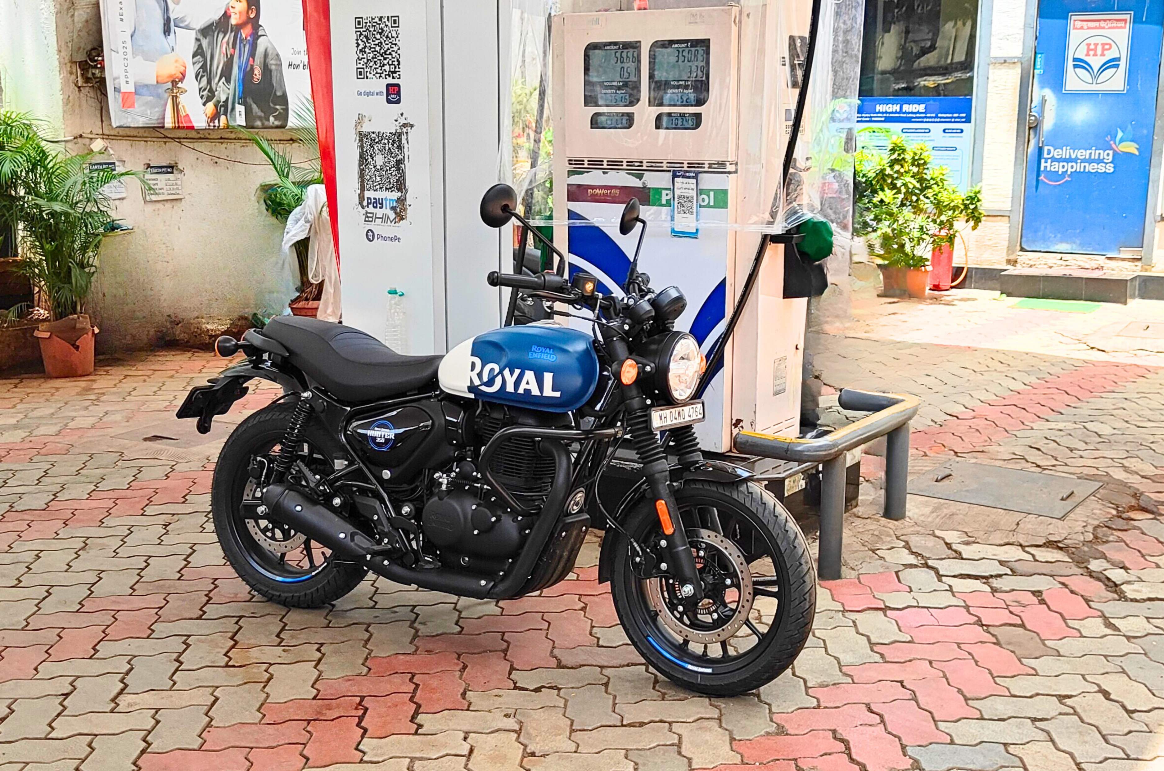 Royal Enfield front static image at petrol pump