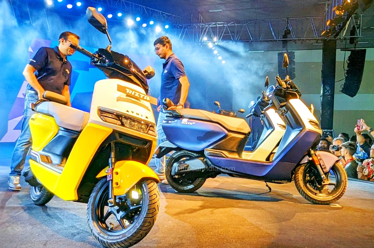 Ather Rizta Z blue and yellow colours front right angle static onstage