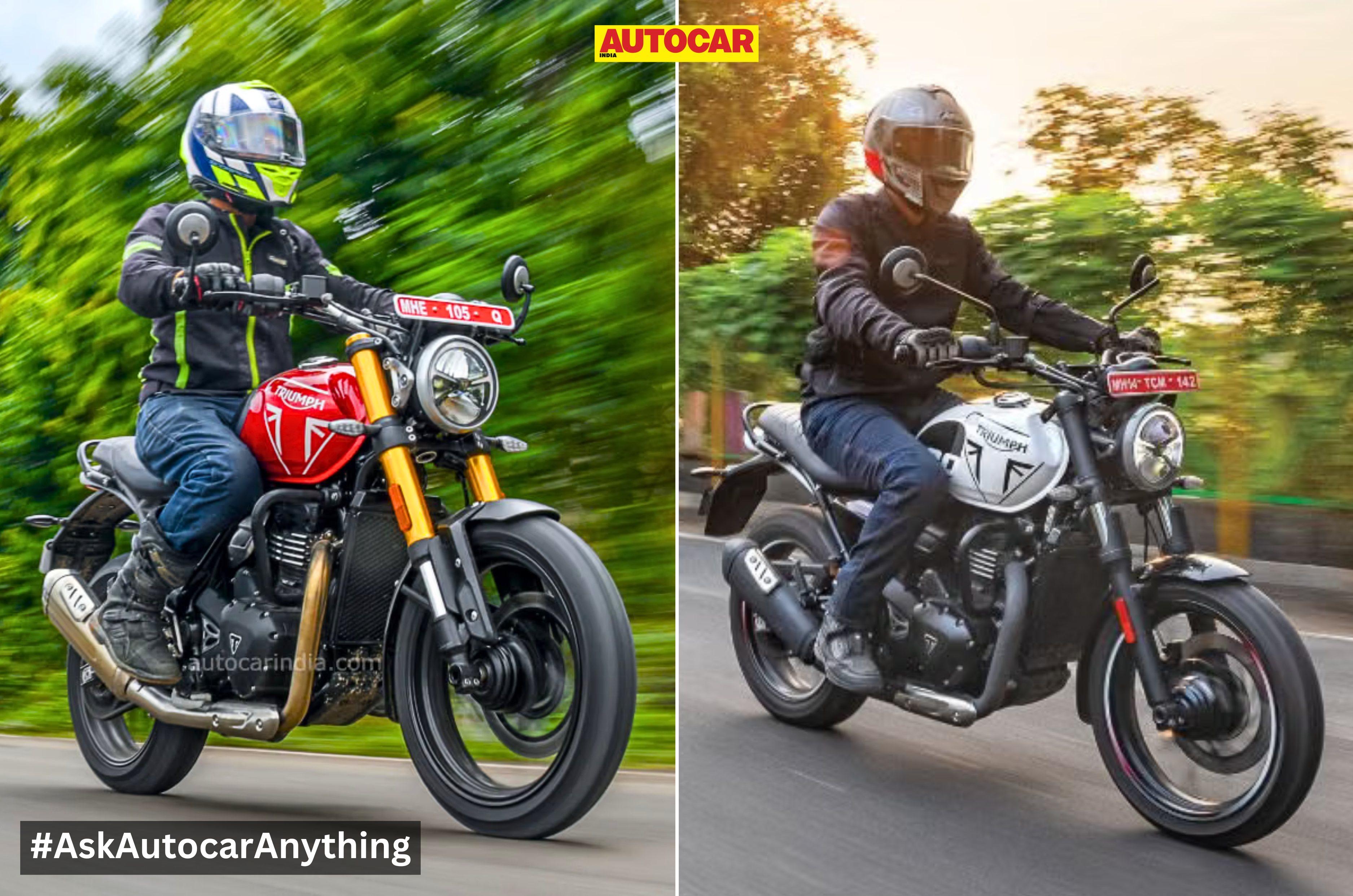 Triumph Speed 400 and Speed T4 front right angle riding shots side by side