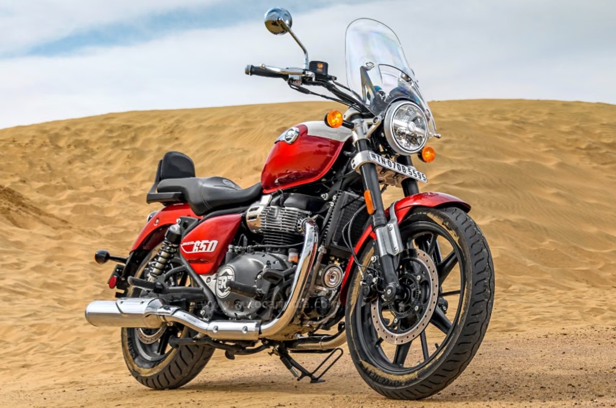 Royal Enfield Super Meteor red front right static in field