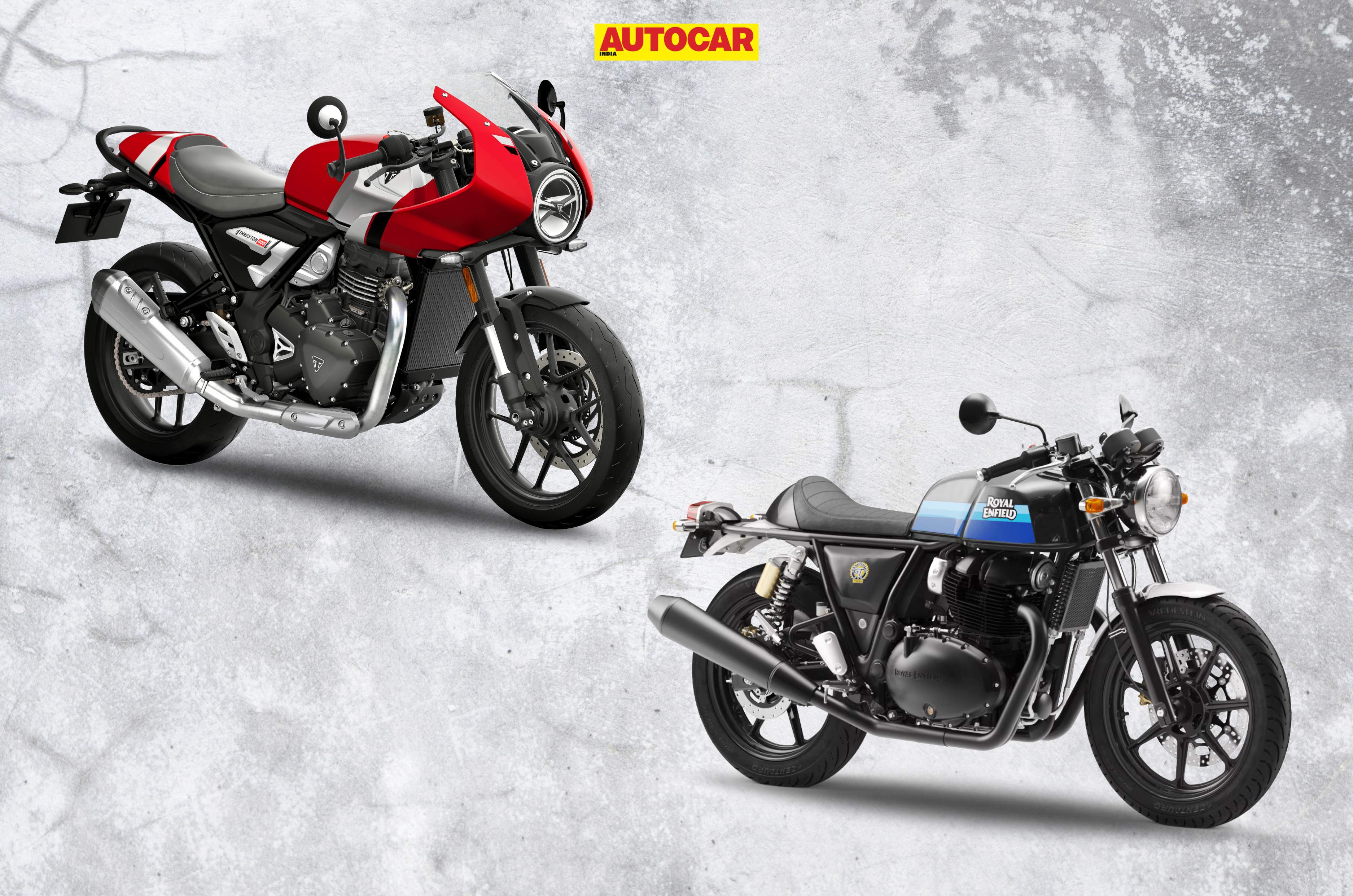 Triumph Thruxton 400 and Royal Enfield Continental GT 650 side by side on a textured background.