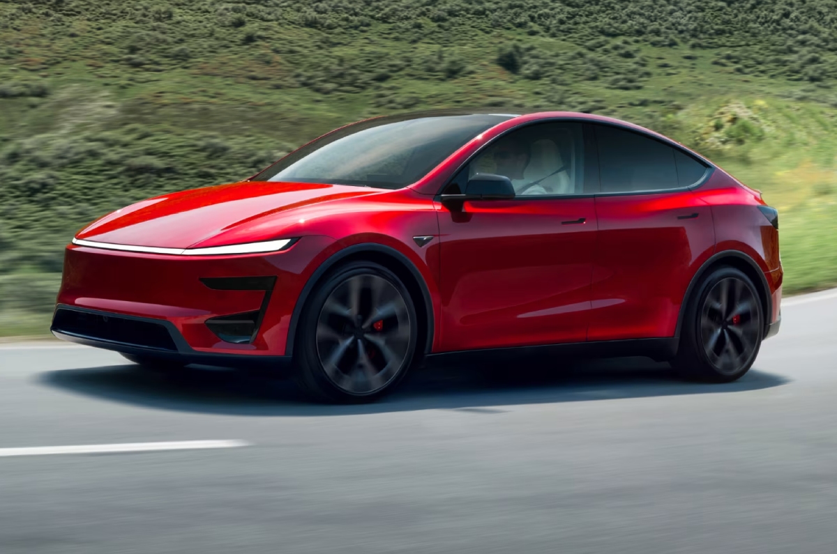 Tesla Model Y front left side on road