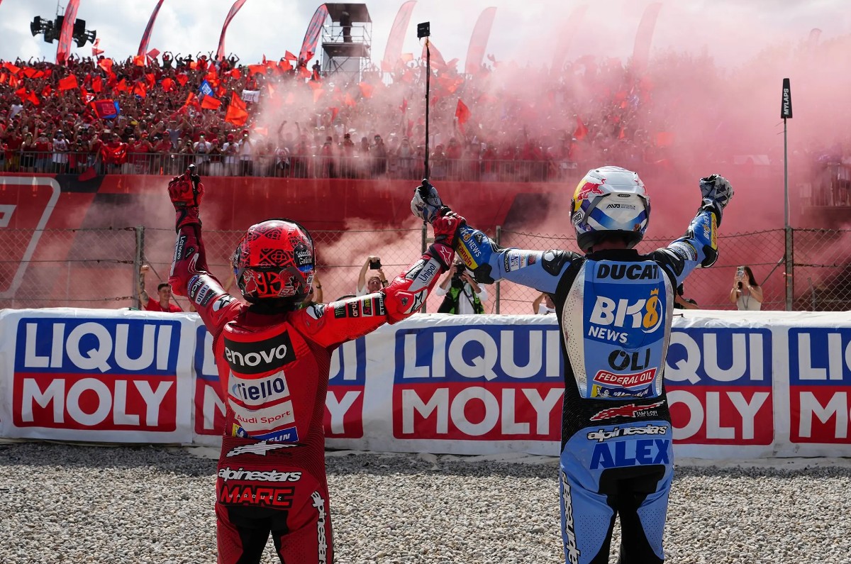 Alex and Marc Marquez celebrating after the 2025 Catalan MotoGP race