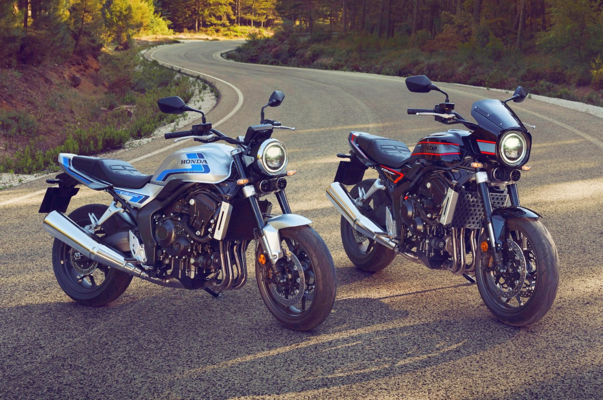 Honda CB1000F silver and black colour bikes side by side front static image out on the road