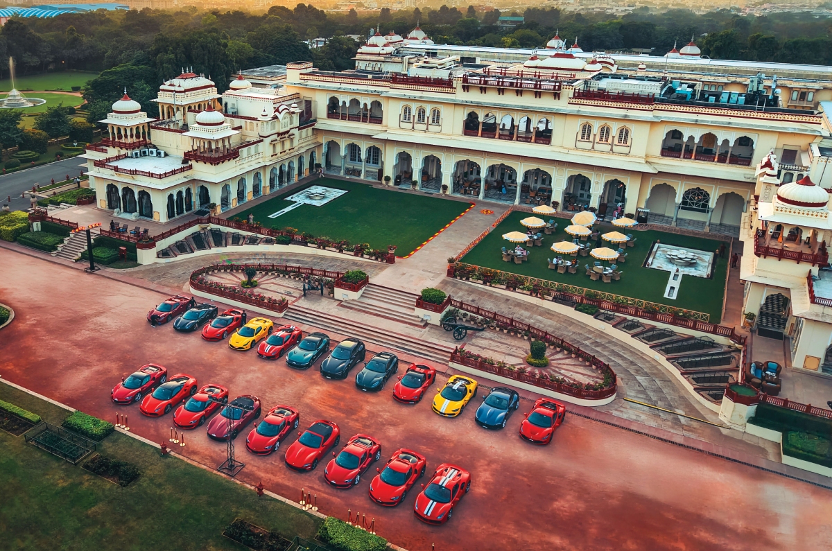 Ferrari Rajasthan drive line up ourside Rambagh Palace in Jaipur