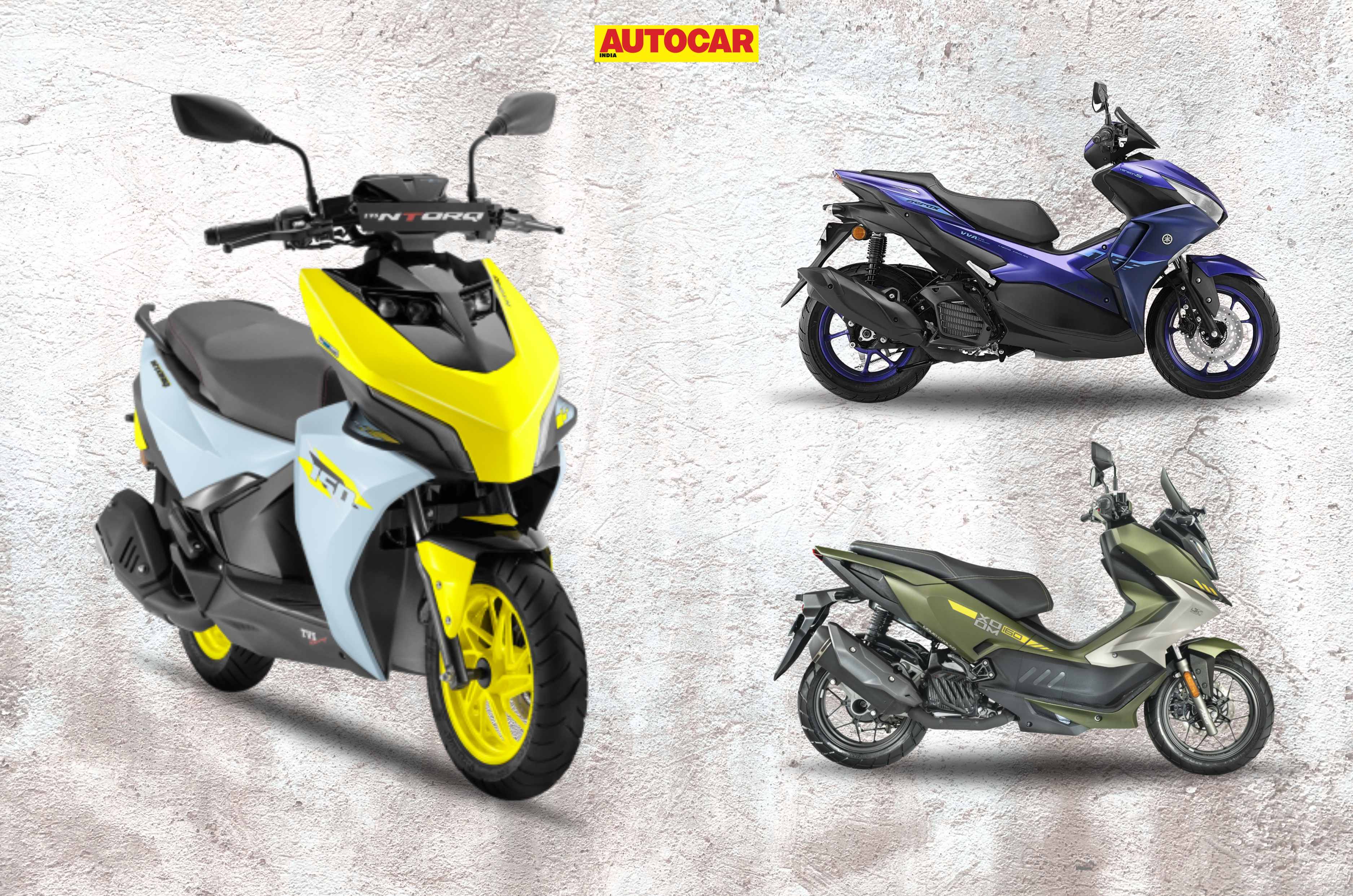 Composite image of Ntorq 150, Aerox 155, and Xoom 160