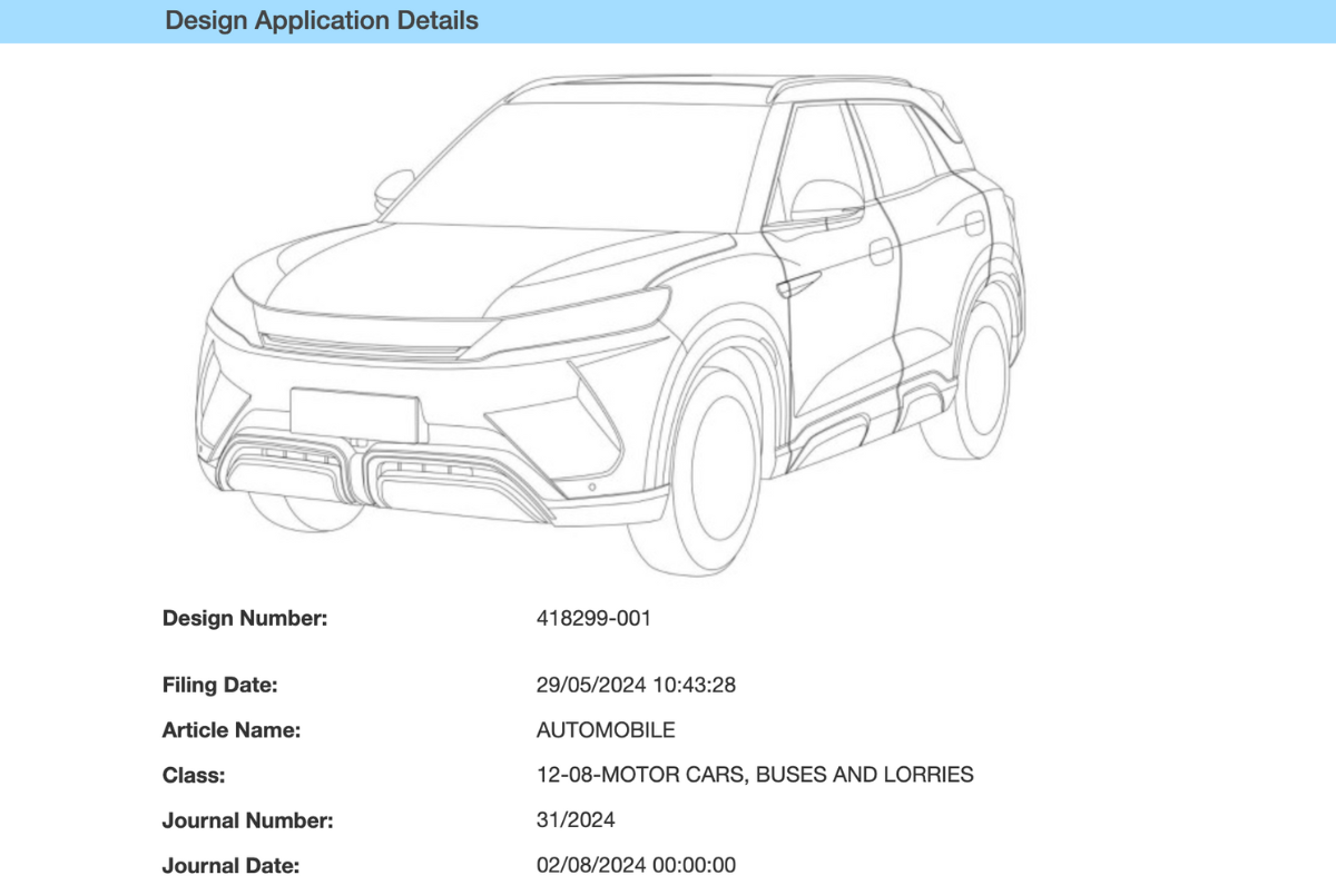 BYD Atto 2 design patent filed in India