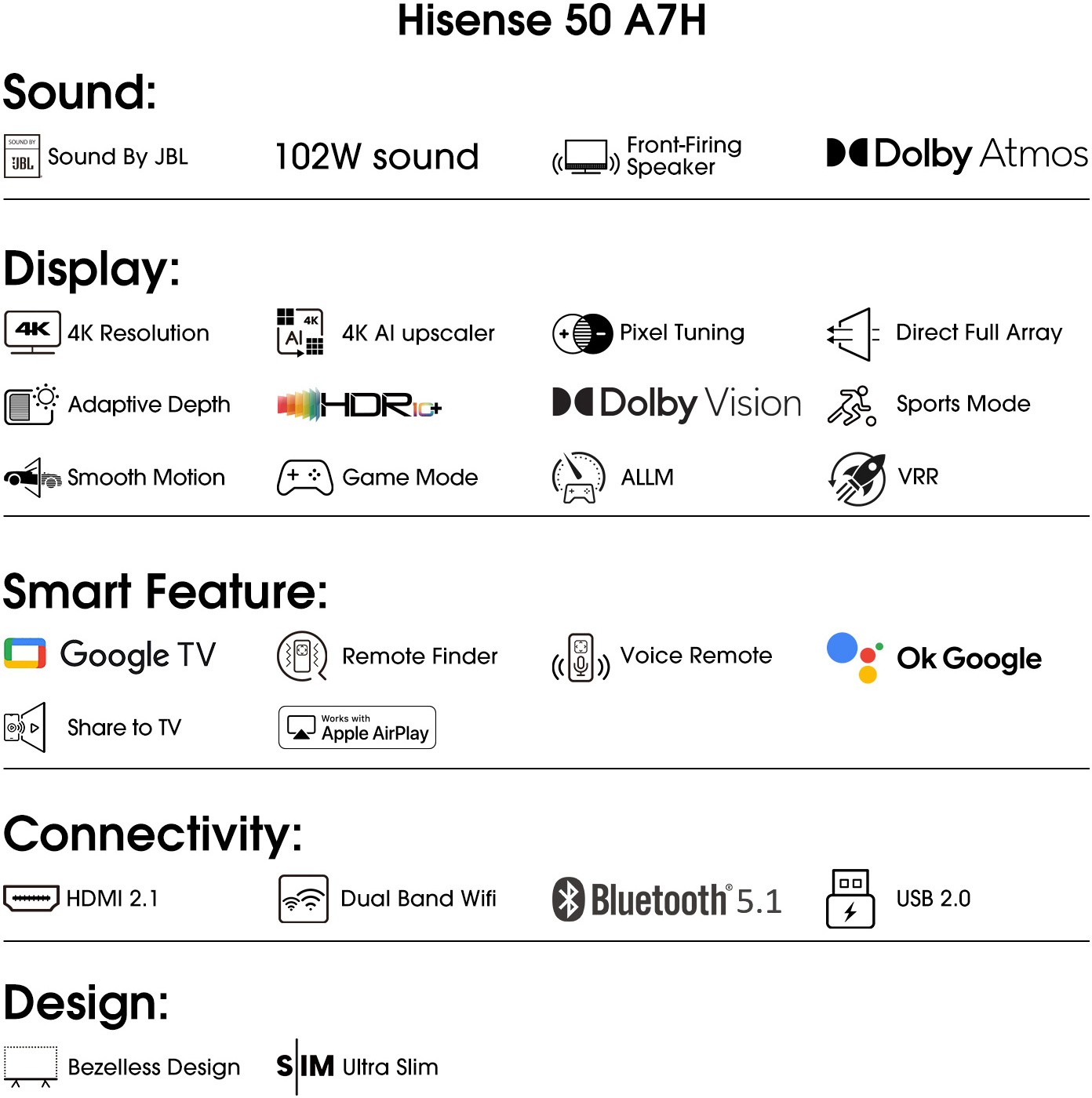 Hisense   (50 inch) Ultra HD (4K)VA Panel (50A7H)