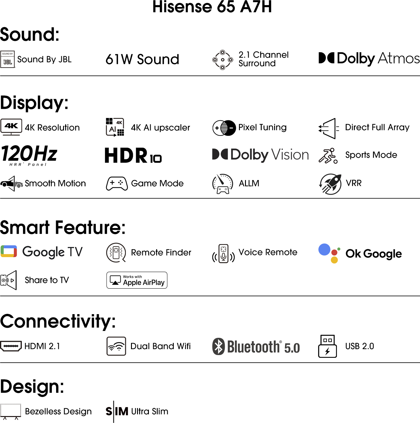 Hisense   (65 inch) Ultra HD (4K)VA High Contrast Panel (65A7K)