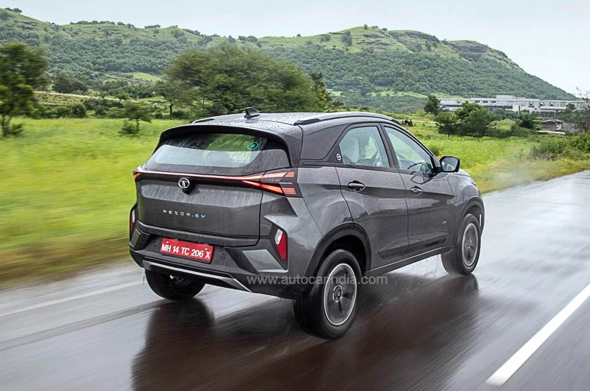 2025 Tata Nexon EV rear on road tracking shot action