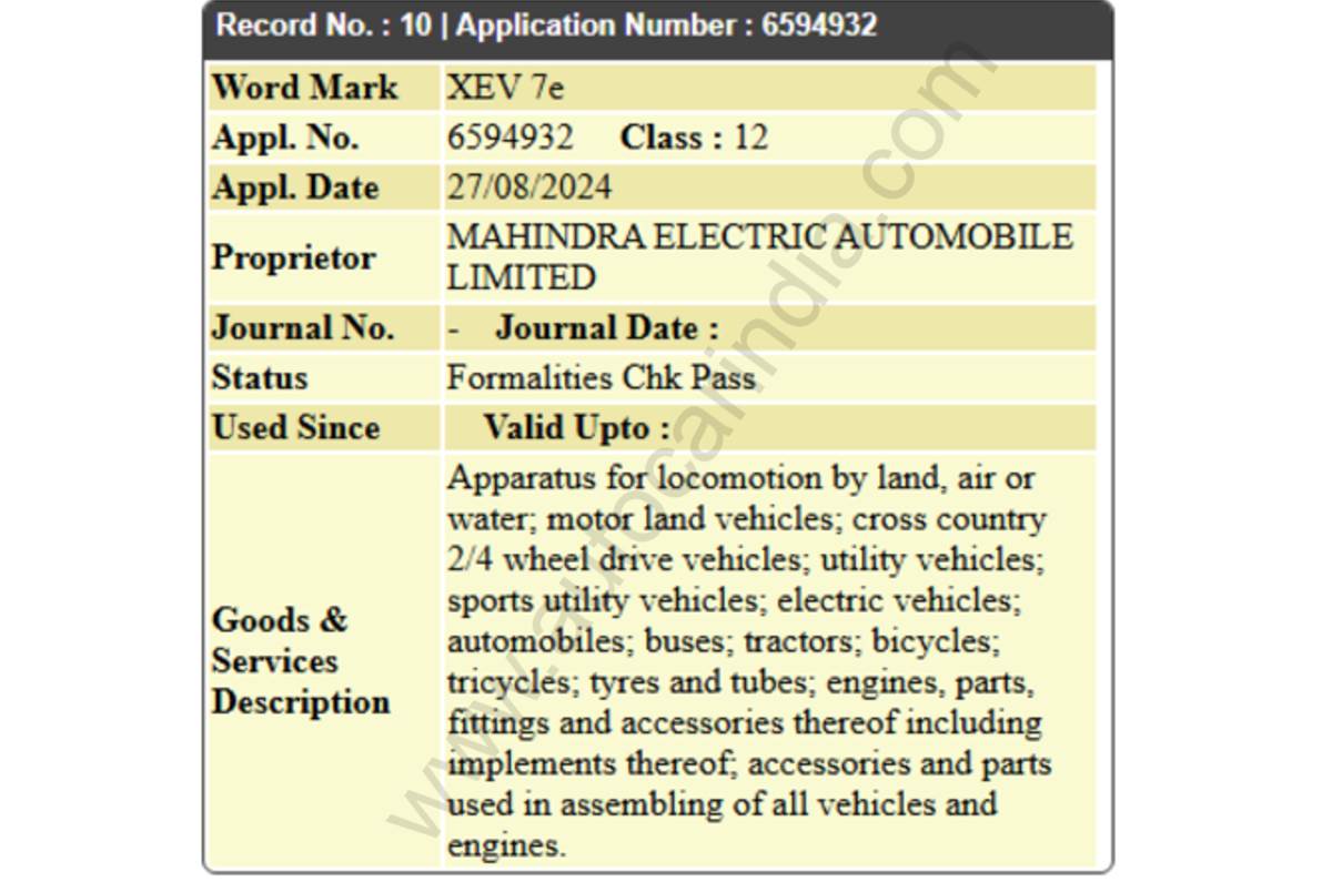 Mahindra XEV 7e name trademark