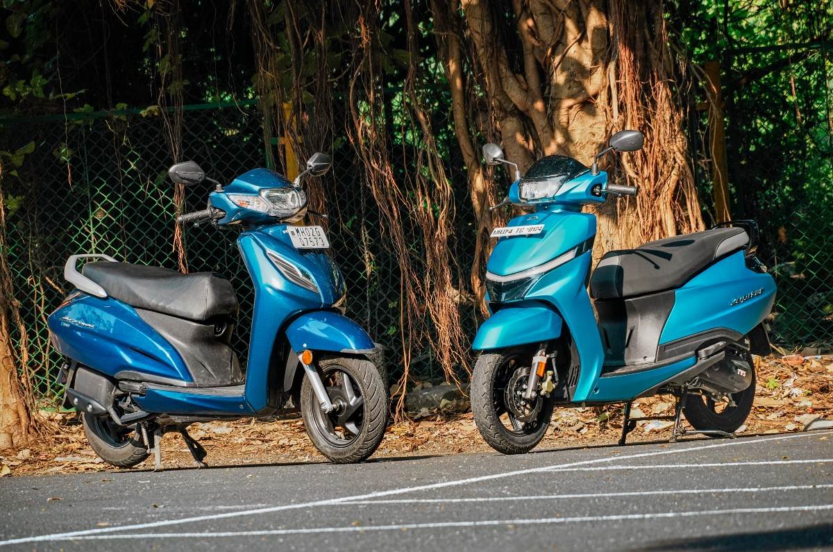 Honda Activa and TVS Jupiter front three quarter static on road