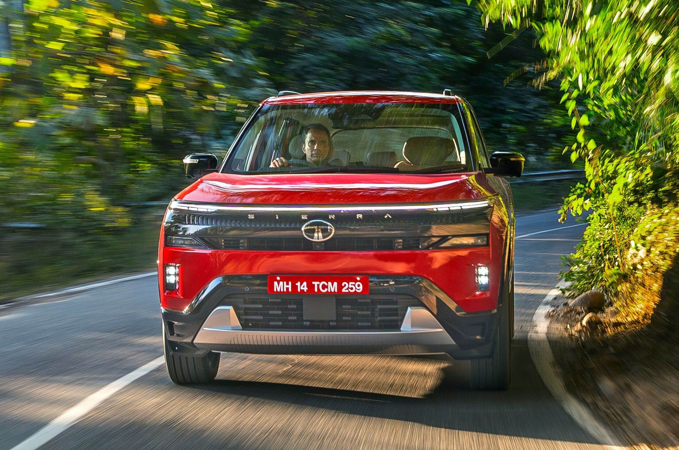 Tata Sierra turbo petrol front head on driving on road