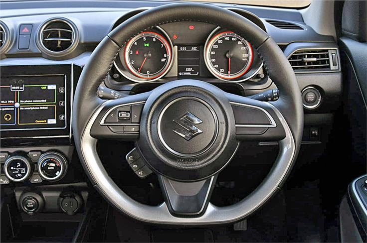 Sporty flat-bottomed steering wheel is standard. Steering is leather-wrapped on Z and Z+ versions. 