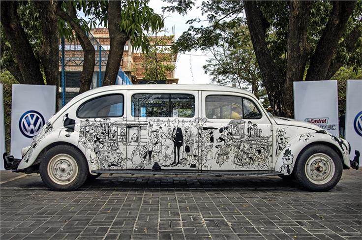 This rare Beetle limo features artwork created by famed cartoonist, Mario Miranda.