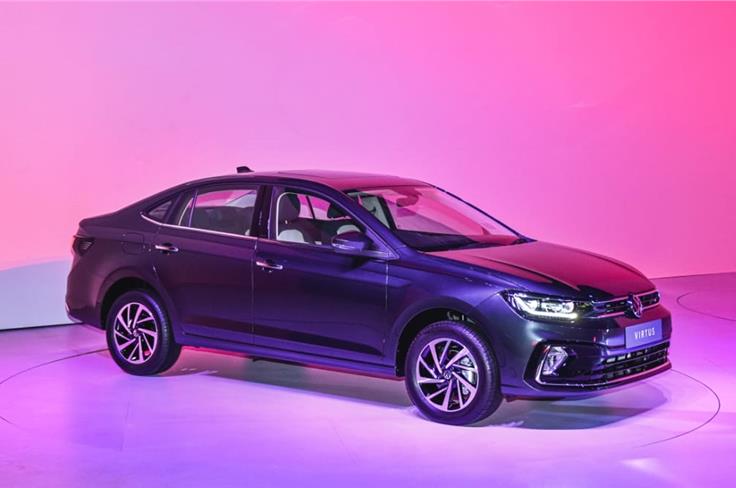 1.0 TSI variant on the 2022 VW Virtus gets a single-tone body color.