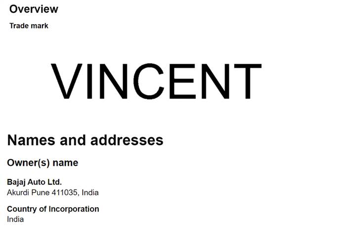 Vincent trademark owned by Bajaj.