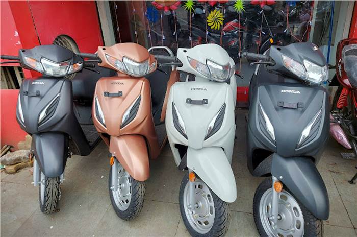 Honda Activa colours, price, sales in India, showroom shot.