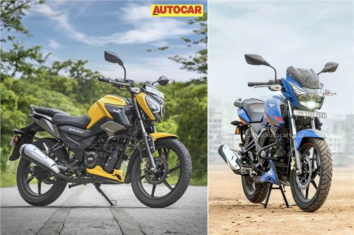 TVS Raider, Apache static images, sales in India.