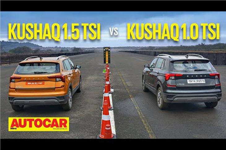 Skoda Kushaq 1.5 TSI vs Kushaq 1.0 TSI drag race video 