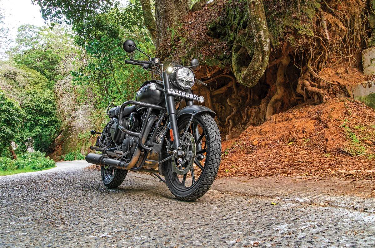 Eurogrip tyres shod on Royal Enfield Classic 350 parked on side of road Eurogrip tyres shod on Royal Enfield Classic 350 parked on side of road