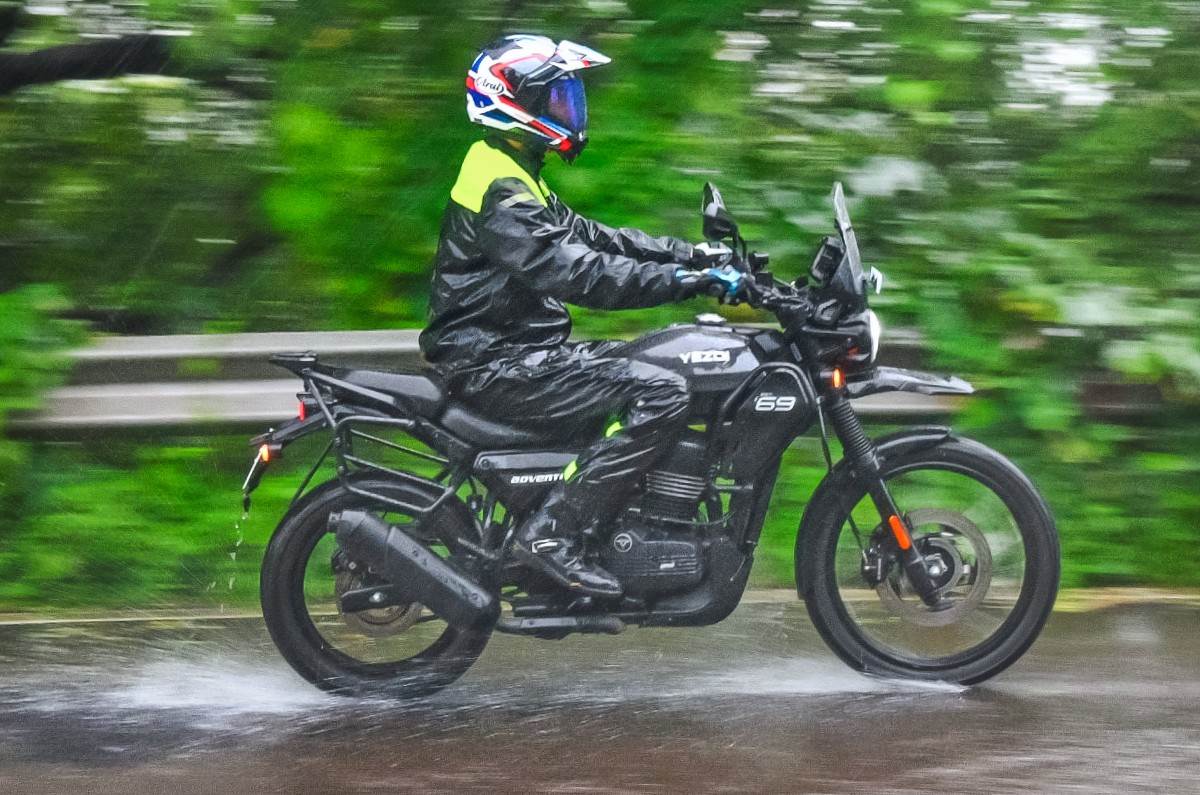 Yezdi Adventure right side profile riding shot on road Yezdi Adventure right side profile riding shot on road