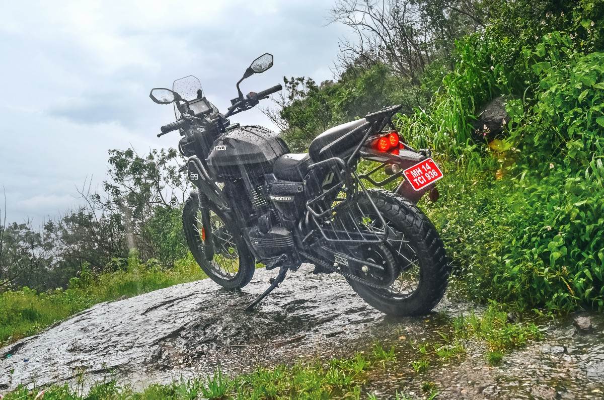 Yezdi Adventure left rear static in field Yezdi Adventure left rear static in field